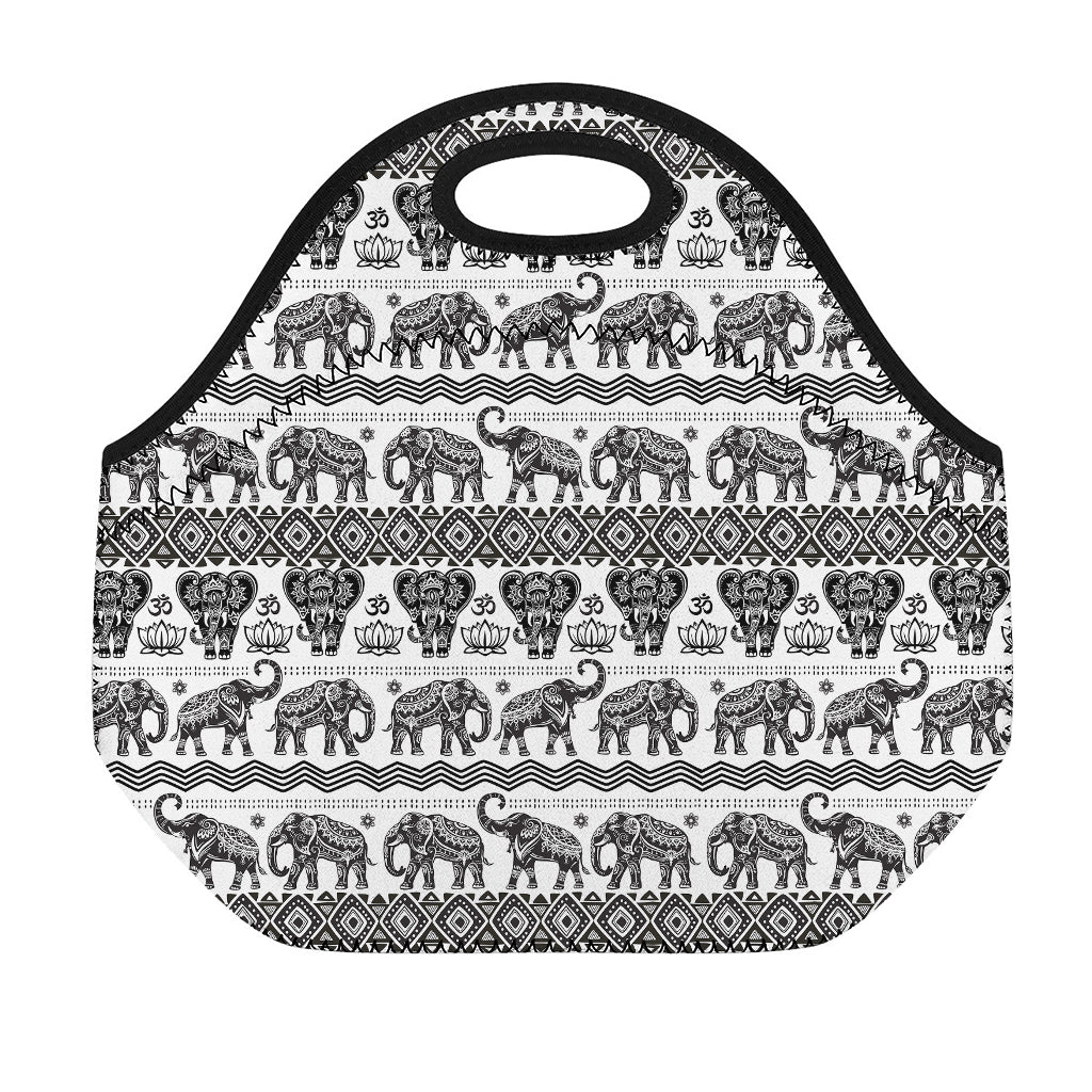 White And Black Indian Elephant Print Neoprene Lunch Bag