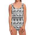 White And Black Indian Elephant Print One Piece Swimsuit