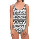 White And Black Indian Elephant Print One Piece Swimsuit