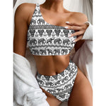 White And Black Indian Elephant Print One Shoulder Bikini Top