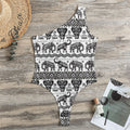 White And Black Indian Elephant Print One Shoulder Bodysuit