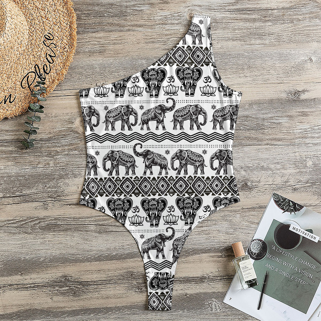 White And Black Indian Elephant Print One Shoulder Bodysuit
