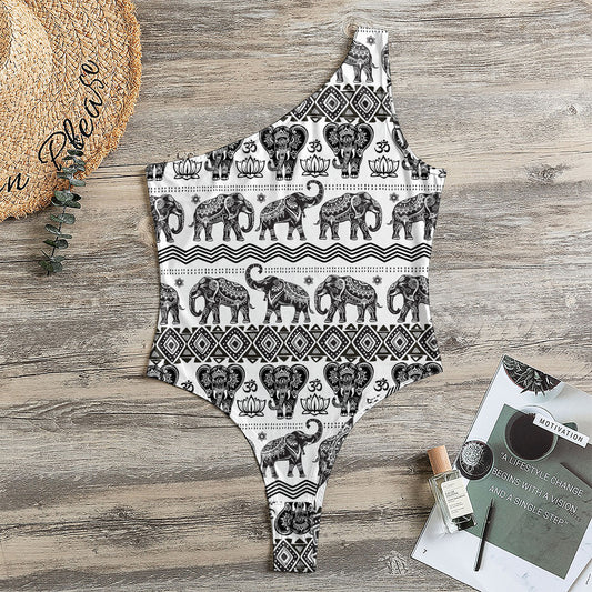 White And Black Indian Elephant Print One Shoulder Bodysuit