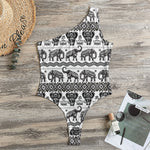White And Black Indian Elephant Print One Shoulder Bodysuit