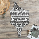 White And Black Indian Elephant Print One Shoulder Bodysuit