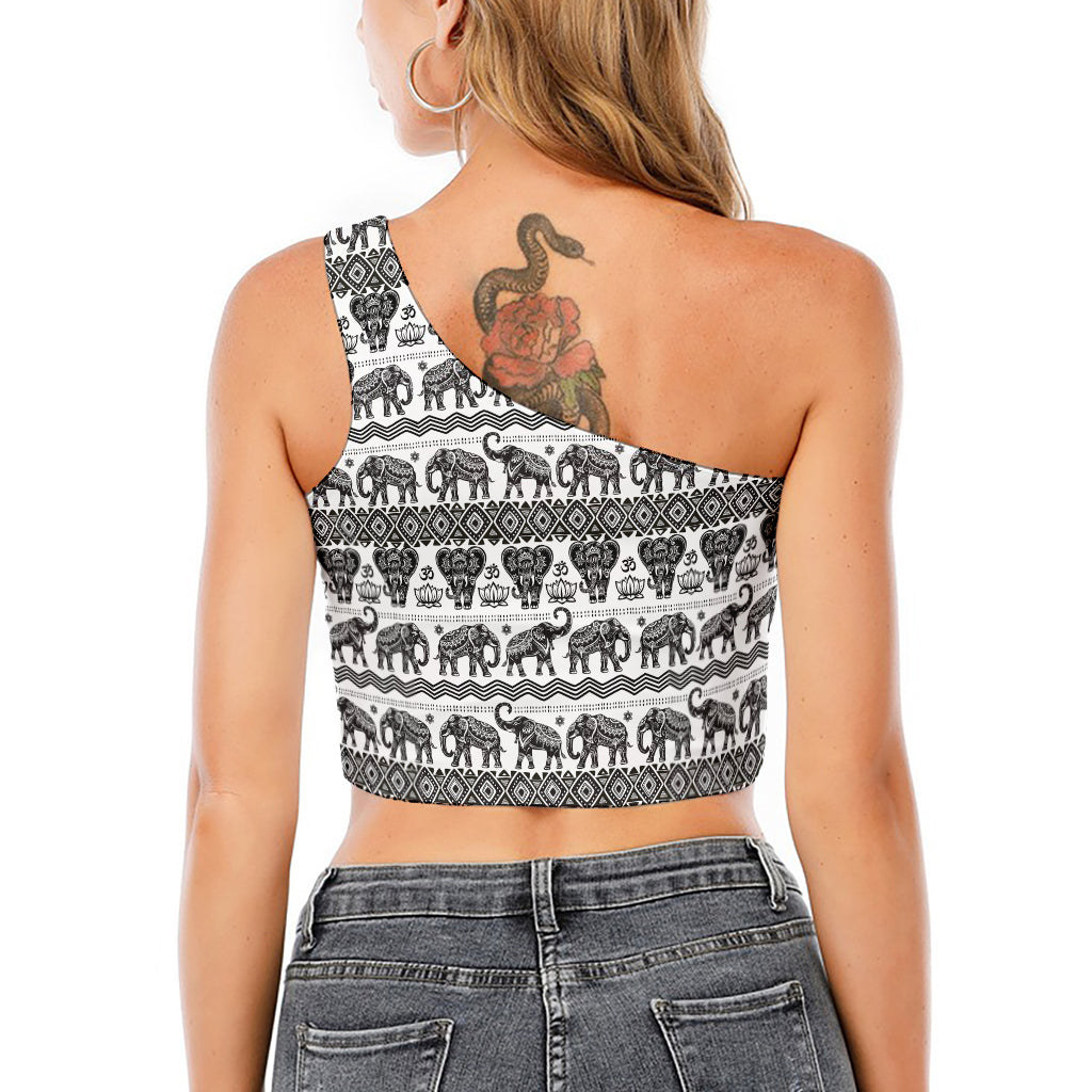 White And Black Indian Elephant Print One Shoulder Crop Top