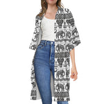 White And Black Indian Elephant Print Open Front Beach Cover Up