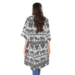 White And Black Indian Elephant Print Open Front Beach Cover Up