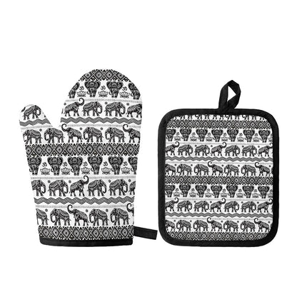 White And Black Indian Elephant Print Oven Mitt And Pot Holder Set