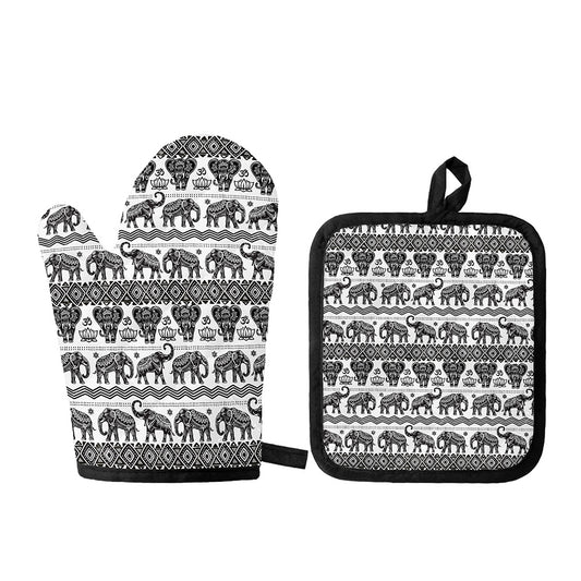 White And Black Indian Elephant Print Oven Mitt And Pot Holder Set