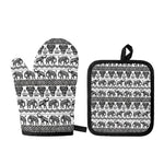 White And Black Indian Elephant Print Oven Mitt And Pot Holder Set