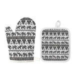 White And Black Indian Elephant Print Oven Mitt And Pot Holder Set