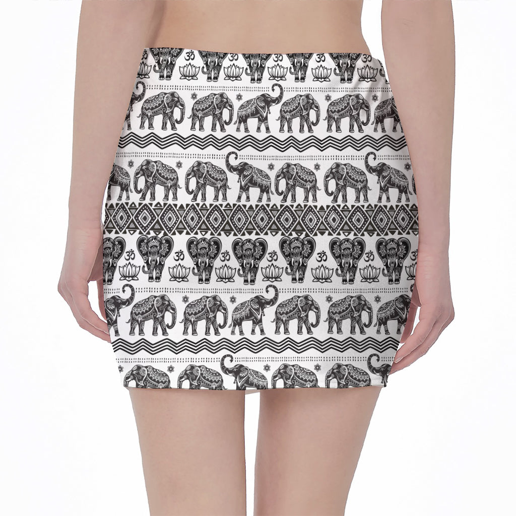 White And Black Indian Elephant Print Pencil Mini Skirt