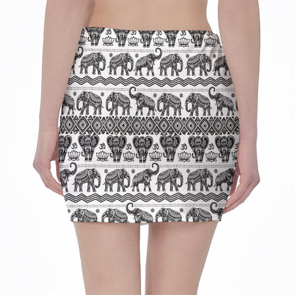 White And Black Indian Elephant Print Pencil Mini Skirt