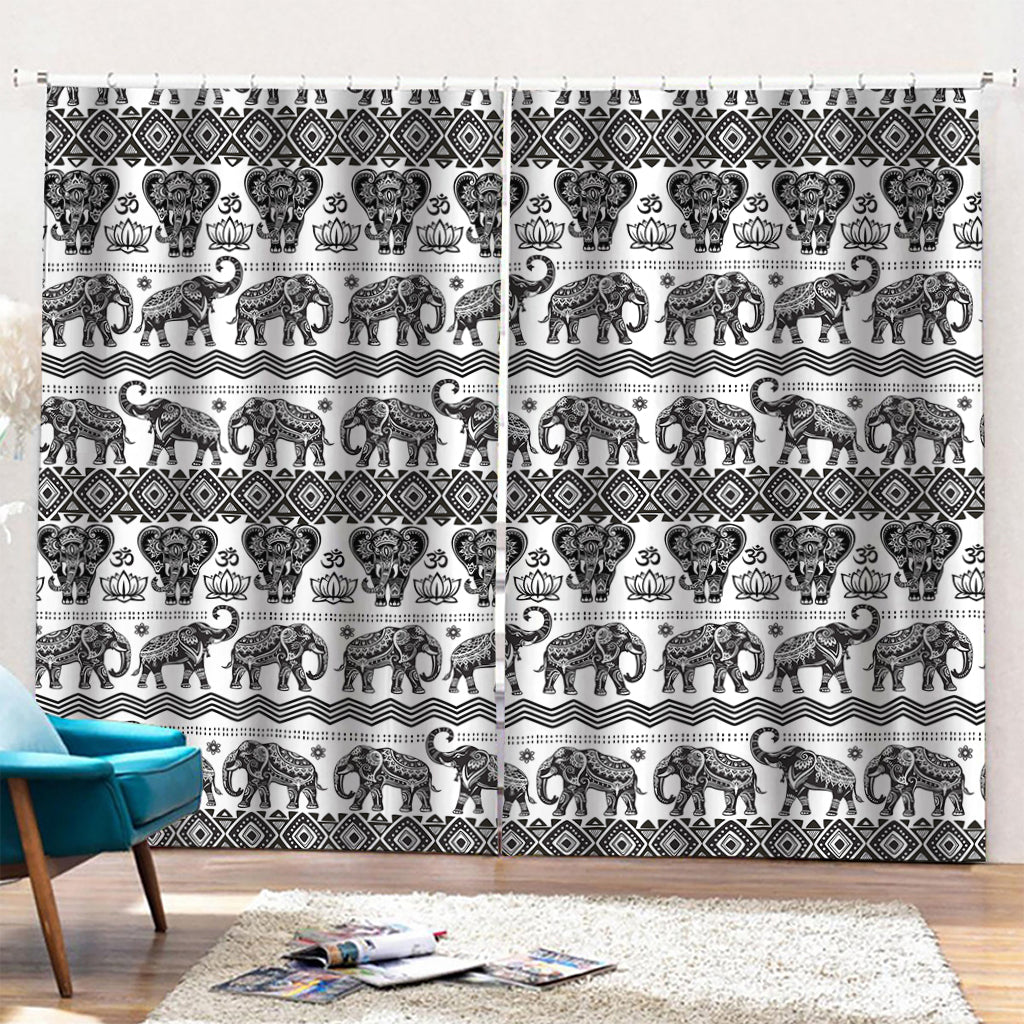 White And Black Indian Elephant Print Pencil Pleat Curtains