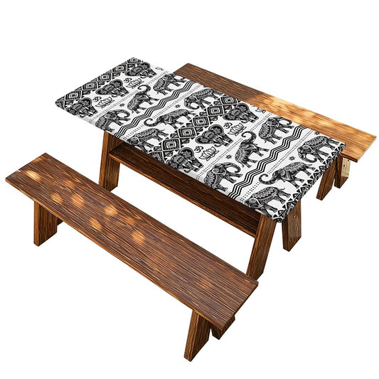 White And Black Indian Elephant Print Picnic Table Cover