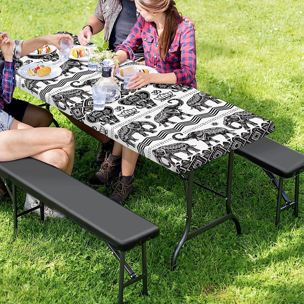 White And Black Indian Elephant Print Picnic Table Cover
