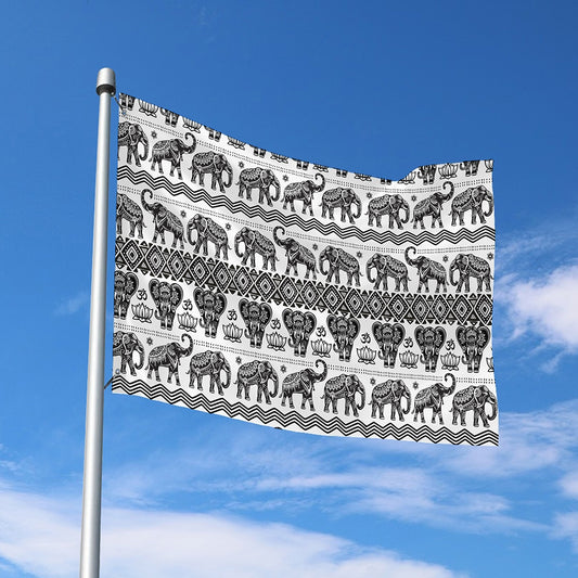 White And Black Indian Elephant Print Polyester Flag