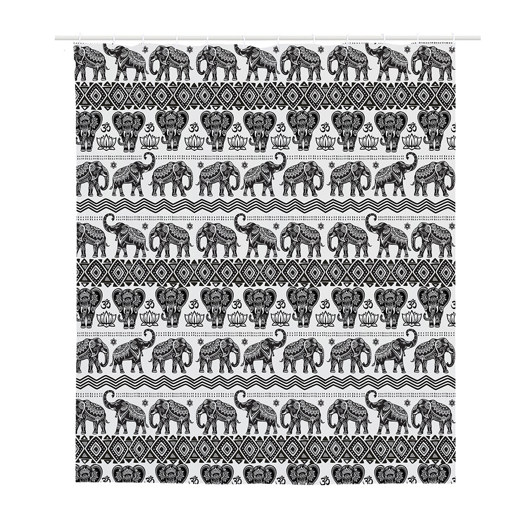 White And Black Indian Elephant Print Polyester Shower Curtain