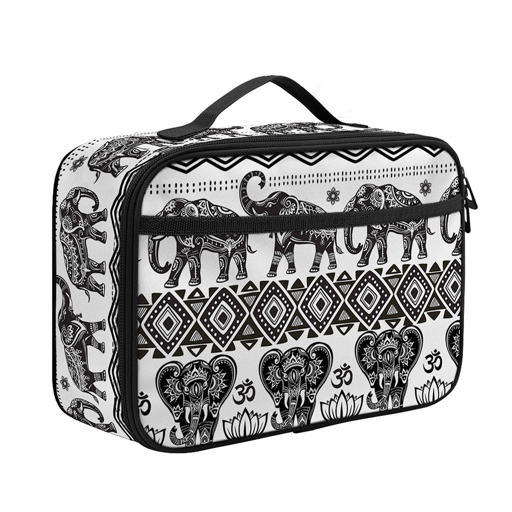 White And Black Indian Elephant Print Portable Lunch Bag