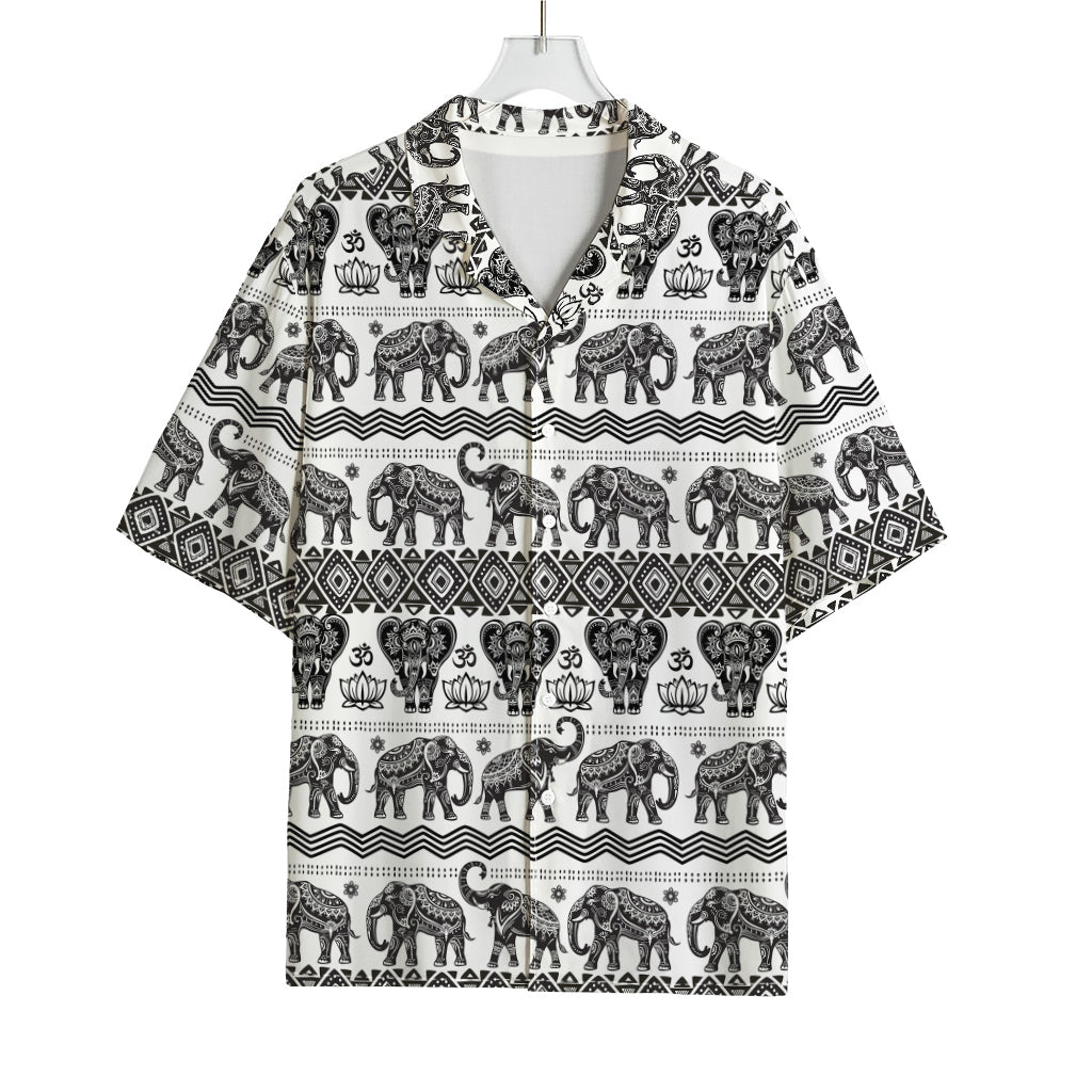 White And Black Indian Elephant Print Rayon Hawaiian Shirt