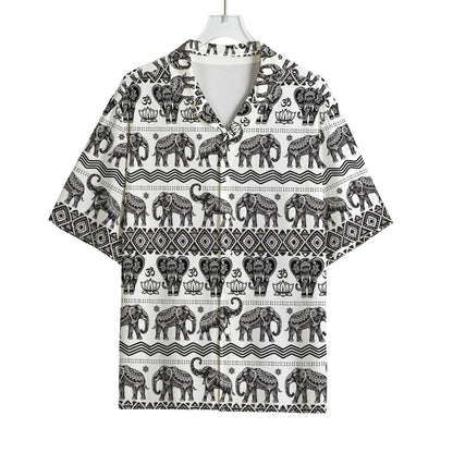 White And Black Indian Elephant Print Rayon Hawaiian Shirt