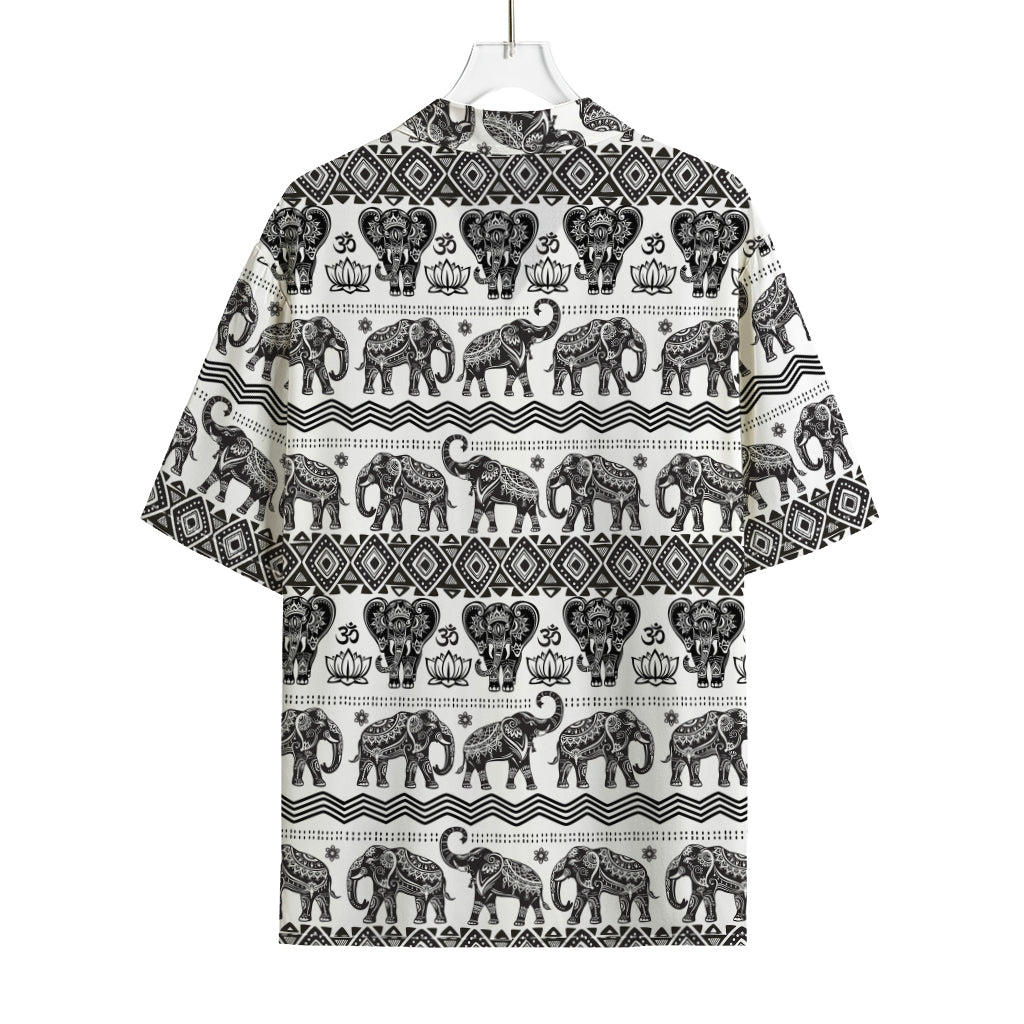 White And Black Indian Elephant Print Rayon Hawaiian Shirt