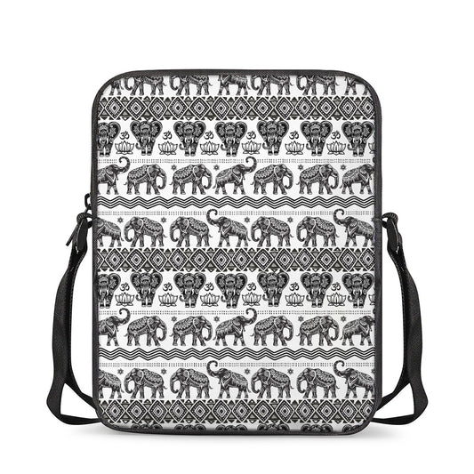 White And Black Indian Elephant Print Rectangular Crossbody Bag