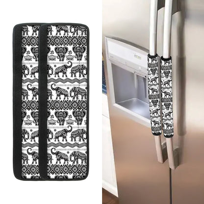 White And Black Indian Elephant Print Refrigerator Handle Covers
