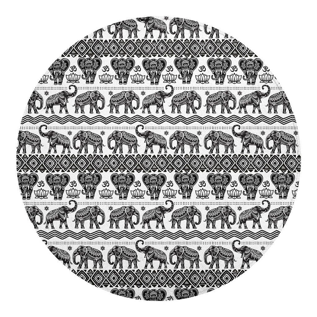 White And Black Indian Elephant Print Round Blanket
