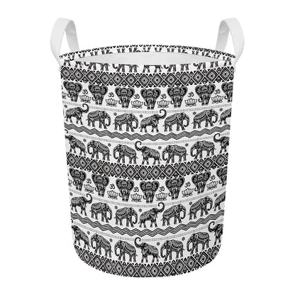 White And Black Indian Elephant Print Round Laundry Basket