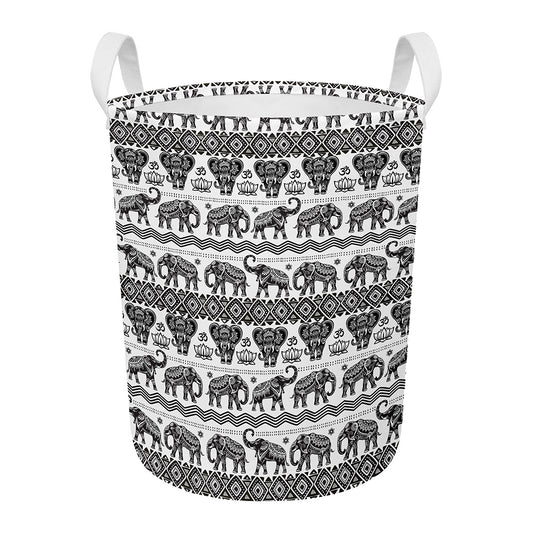 White And Black Indian Elephant Print Round Laundry Basket