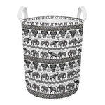 White And Black Indian Elephant Print Round Laundry Basket