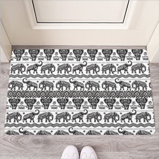 White And Black Indian Elephant Print Rubber Doormat