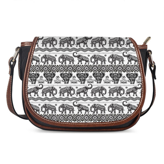 White And Black Indian Elephant Print Saddle Bag