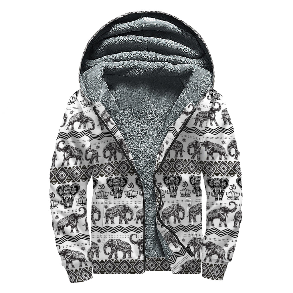 White And Black Indian Elephant Print Sherpa Lined Zip Up Hoodie