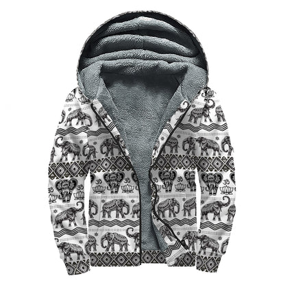 White And Black Indian Elephant Print Sherpa Lined Zip Up Hoodie