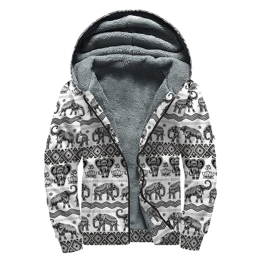 White And Black Indian Elephant Print Sherpa Lined Zip Up Hoodie