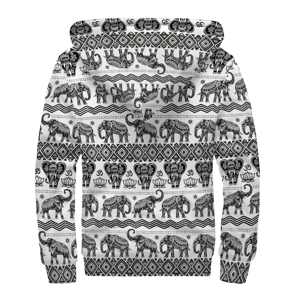 White And Black Indian Elephant Print Sherpa Lined Zip Up Hoodie