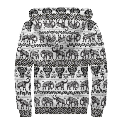 White And Black Indian Elephant Print Sherpa Lined Zip Up Hoodie