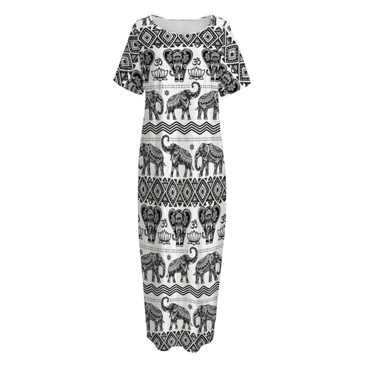 White And Black Indian Elephant Print Short Sleeve Long Nightdress