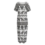 White And Black Indian Elephant Print Short Sleeve Long Nightdress