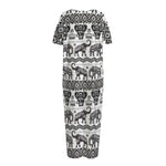 White And Black Indian Elephant Print Short Sleeve Long Nightdress