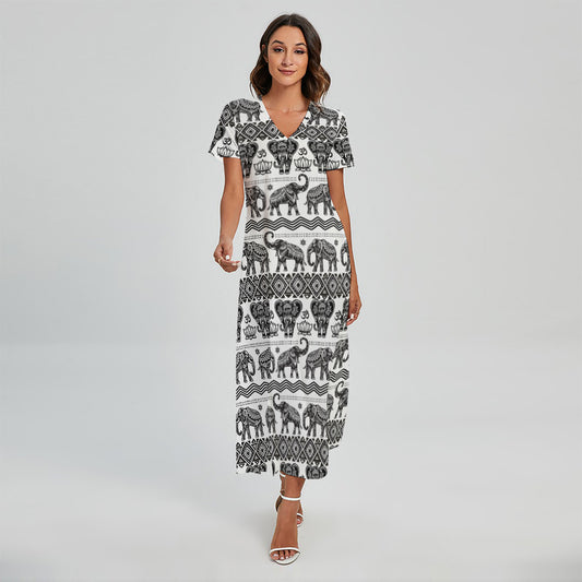 White And Black Indian Elephant Print Short Sleeve Maxi Dress