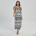 White And Black Indian Elephant Print Short Sleeve Maxi Dress
