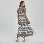 White And Black Indian Elephant Print Short Sleeve Maxi Dress
