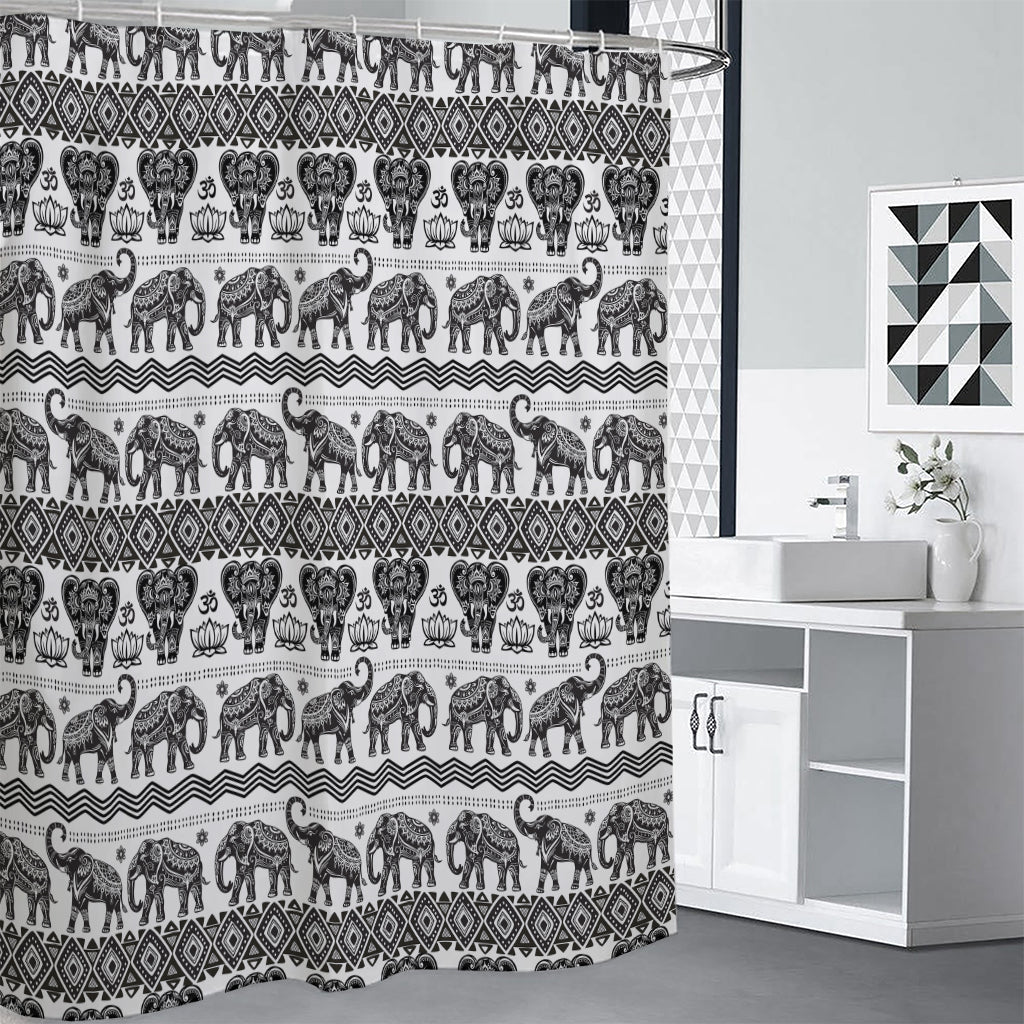 White And Black Indian Elephant Print Shower Curtain