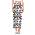 White And Black Indian Elephant Print Side Slit Maxi Skirt