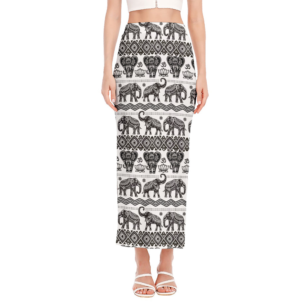 White And Black Indian Elephant Print Side Slit Maxi Skirt