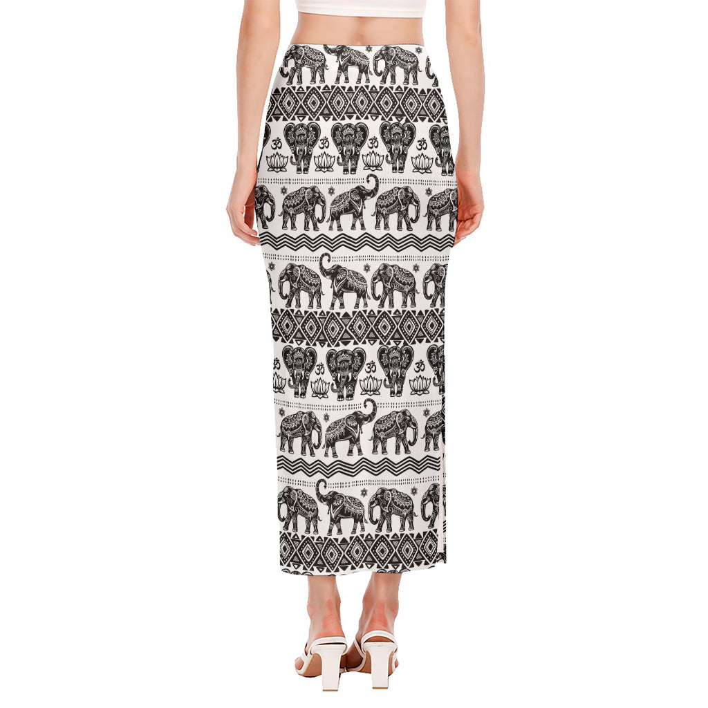 White And Black Indian Elephant Print Side Slit Maxi Skirt